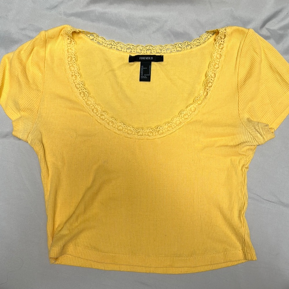 Yellow Forever 21 crop top with lace detail
